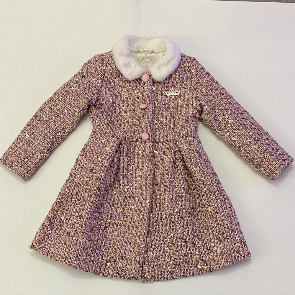 Disney Princess Tweed Coat Girls 5/5 Pink Sequins Faux Fur Dress-up Fairytale